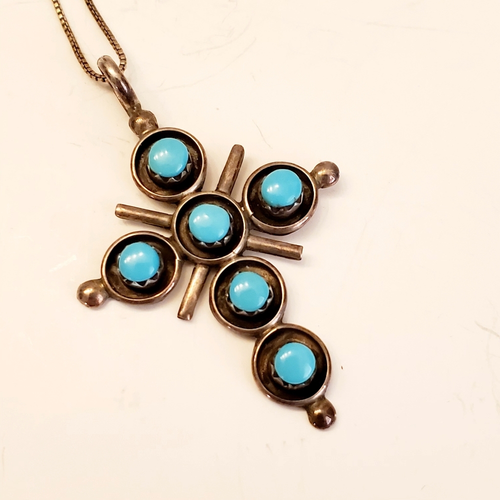 Native AmericanTurquoise Silver Pendant Necklace, 16 Inch Chain, 1.5 Inch Cross